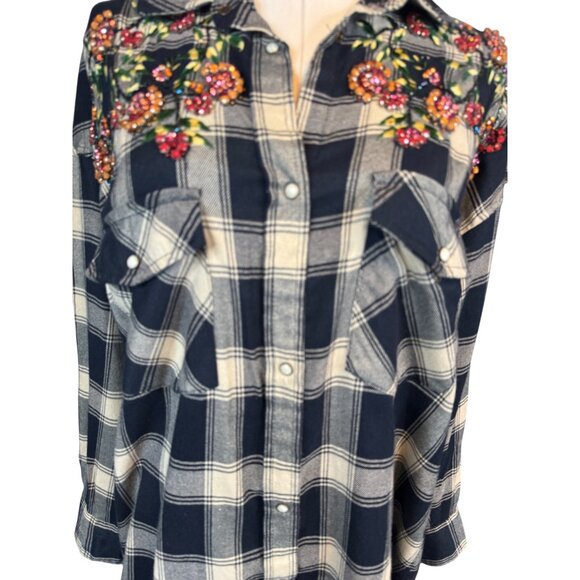 2/$30 ZARA S Plaid Navy Blue Longline Shirt Jacket Floral Beading & Snaps - Picture 7 of 16